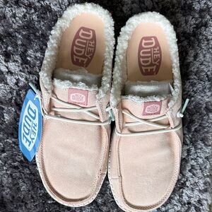 Hey Dude Blush Pink Suede Slip-On Wendy Mules with Sherpa, NWT